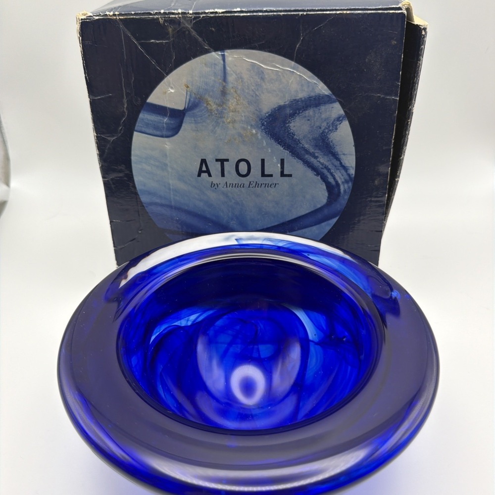 Kosta Boda Sweden ATOLL Cobalt Blue Swirl Crystal Bowl 7in
